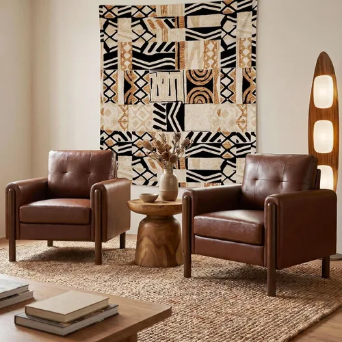 Miniatura 11 de STHOUYN 35" Black Leather Oversized Accent Chair with Wood Armrests, Mid-Century Modern Tufted Living Room Chair, Comfy Reading Sofa Chair with