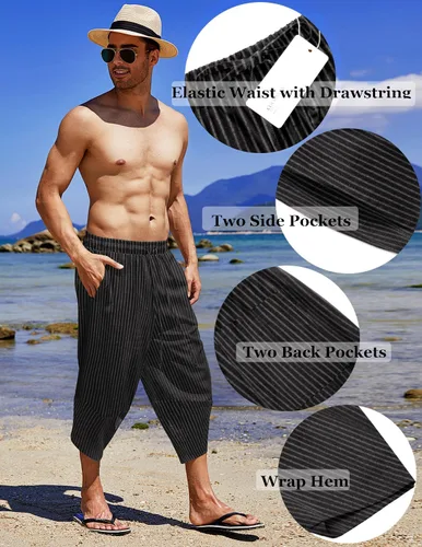 Miniatura 5 de COOFANDY Pantalones capri harén de lino para hombre, ligeros, sueltos, 34, con cordón elástico, cintura elástica, pantalones casuales para yoga