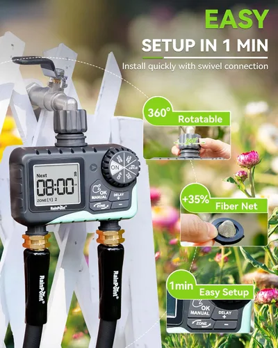 Miniatura 7 de RAINPOINT Temporizador de agua para manguera de jardín, temporizador de rociador de 2 zonas con retardo de lluvia, riego manual, riego automático