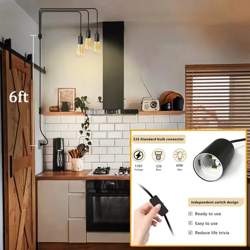 Miniatura 3 de Lámpara colgante con enchufe de 3 luces, cable de luz colgante negro de 10 pies con interruptor de encendido y apagado, lámpara colgante industrial