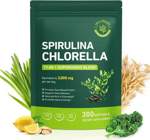 Cápsulas de Spirulina Chlorella de 3100 mg – Superalimento verde vegano, mezcla de algas 50/50 para apoyo inmunológico y energía, rico en proteínas,