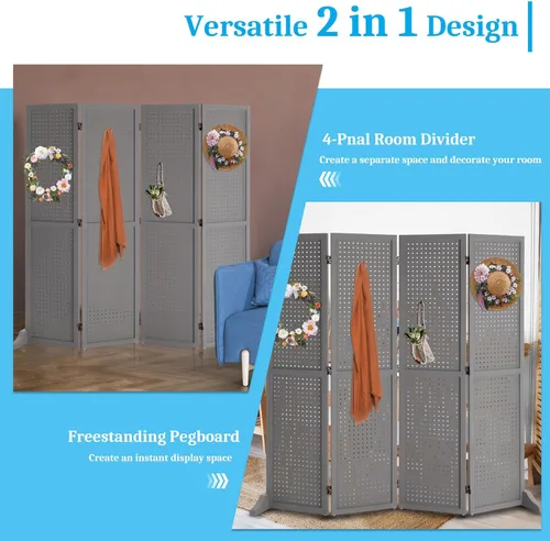 Miniatura 6 de Bonnlo Tablero de Clavijas de 4 Paneles Independiente, Organizador de Tablero de Exhibición Portátil de 5 Pies para Espectáculo de Artesanías y Gris