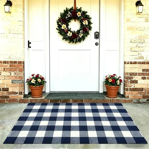 Miniatura 14 de SEEKSEE Alfombra de Algodón a Cuadros Buffalo de 27.5"x43" Alfombra a Cuadros Blanco y Negro Lavable Tapetes para Puerta Interior Exterior Alfombras