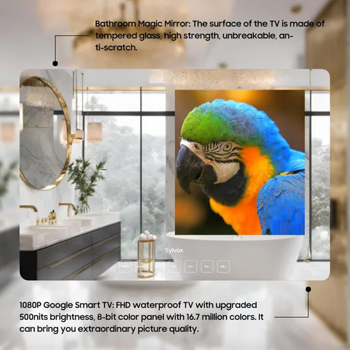 Miniatura 5 de SYLVOX TV Inteligente de 19'' Espejo Mágico de Baño Resistente al Agua LED TV 1080P 500NITS Alto Brillo Altavoces Frontales Duales Montaje en Pared