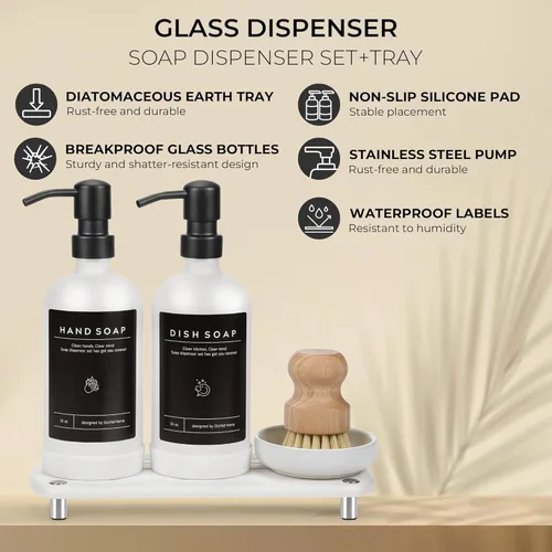 Miniatura 2 de Juego de dispensador de jabón de cocina de lujo - Botella de vidrio blanco de 16 onzas, bomba de acero inoxidable, bandeja de secado instantáneo