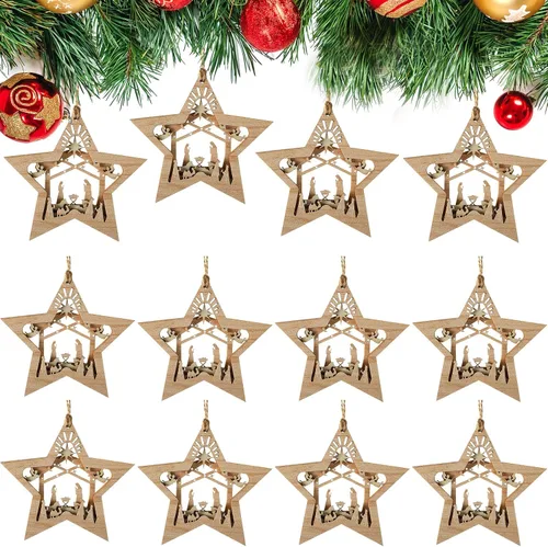 Miniatura 11 de Blulu Juego de 4 piezas de adornos navideños de escena de la natividad, set de regalo a granel, adorno colgante de madera cristiano 3D para árbol