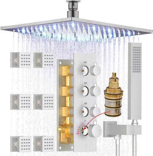 Miniatura 12 de HOMEDEC Sistema de ducha de lluvia LED de 16 pulgadas, válvula desviadora termostática de 3 vías con 6 pulverizadores corporales, todas las Negro