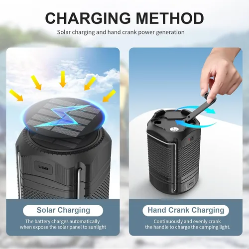 Miniatura 4 de Linterna de camping 5000mAh Solar con manivela telescópica, linterna LED recargable con USB, carga para cortes de energía, lámpara de batería