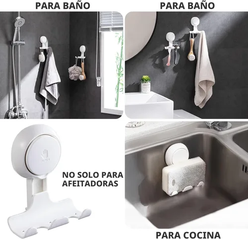 Miniatura 5 de LEVERLOC Soporte para maquinilla de afeitar para ducha, paquete de 2, potentes ganchos de ducha con ventosa para toalla, esponja vegetal, maquinilla