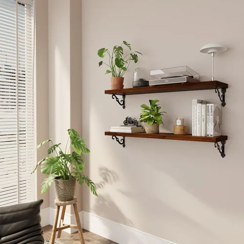 Miniatura 2 de Estantes flotantes de madera maciza para pared con soportes de metal, estante de pared de madera de pino de 2 niveles de 36 pulgadas, adecuado