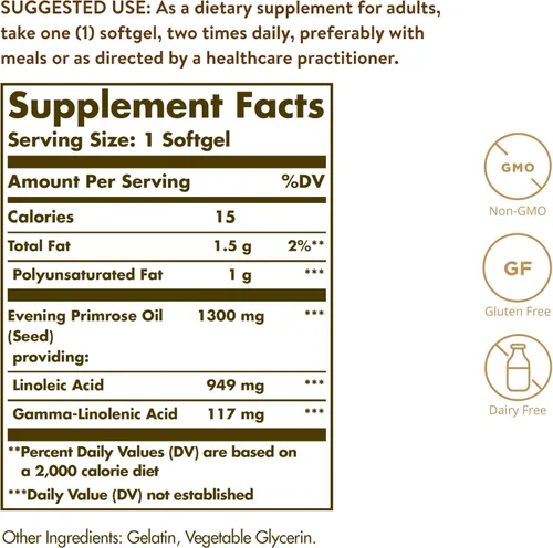 Miniatura 2 de Solgar Aceite de onagra de 1300 mg, 60 cápsulas blandas, promueve una piel saludable, apoyo nutricional para mujeres, sin OMG, sin gluten, sin