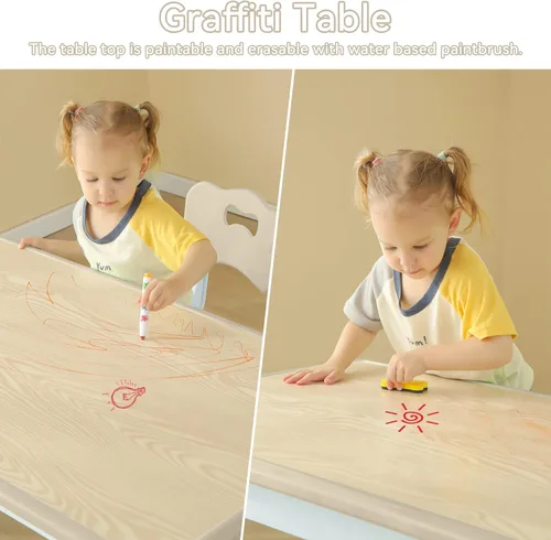 Miniatura 3 de Juego de mesa y 4 sillas para niños, escritorio de estudio para niños, mesa de comedor, escritorio de plástico ajustable en altura ajustable, Grano