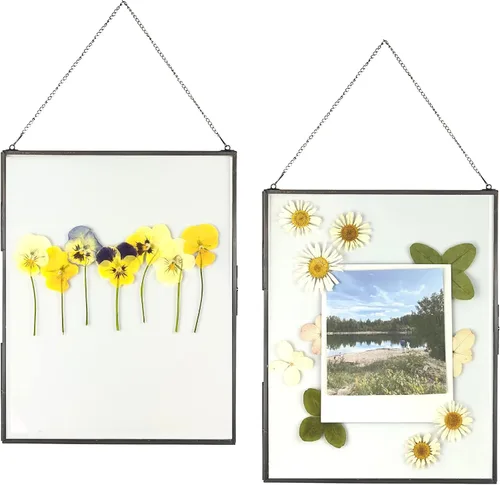 Beedecor Juego de 2 marcos colgantes de vidrio doble para flores prensadas, hojas y obras de arte, marco flotante de metal grande con cadena, marcos