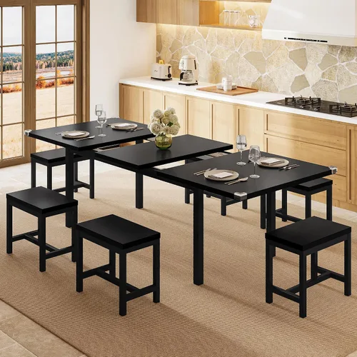 Miniatura 13 de Einhomn Juego de Mesa de Comedor de 5 Piezas para 4-6, Mesa de Cocina Extensible de 63" con 2 Bancos y 2 Taburetes, Estructura de Metal y Tablero