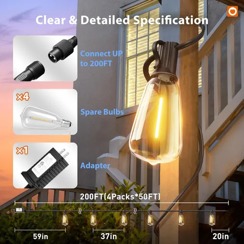 Miniatura 5 de addlon Tira de luces para exteriores de 196 pies para exteriores con control de aplicación, luces impermeables para patio con bombillas LED Edison