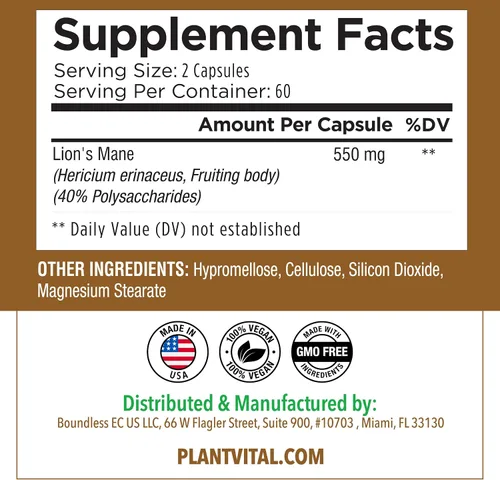 Miniatura 6 de PlantVital Suplemento de melena de león – Cápsulas orgánicas de hongos melena de león – 1100 mg por porción (extracto 10:1) con 40% de polisacáridos