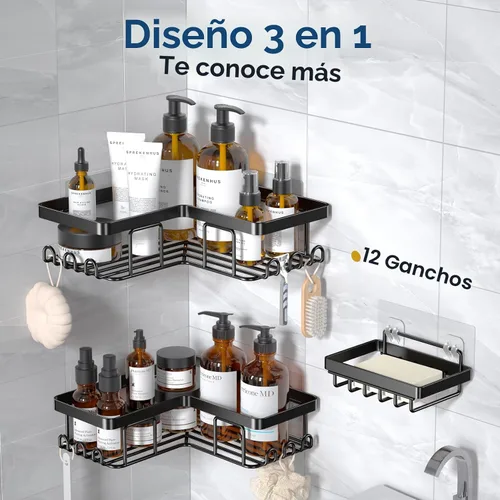 Miniatura 6 de YASONIC Organizador de ducha adhesivo de esquina, con soporte para jabón y 12 ganchos, organizador de baño de acero inoxidable a prueba de óxido