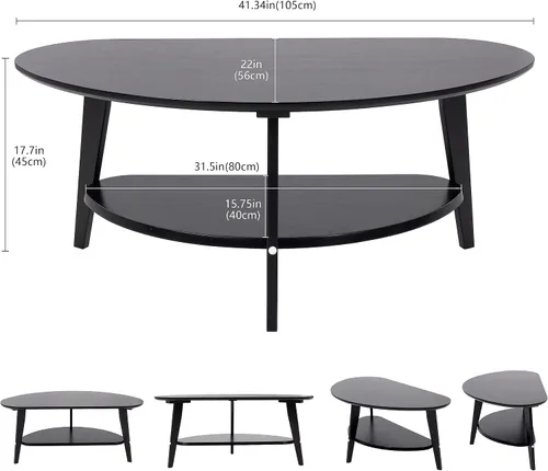 Miniatura 3 de NAVREX Mesa auxiliar moderna de mediados de siglo, mesas de centro ovaladas con almacenamiento para sala de estar, mesa central de madera maciza