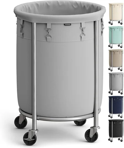 Songmics – Cesta de lavandería de 29 galones (110 L) con ruedas, carrito rodante resistente redondo con marco de acero y bolsa extraíble, 2 ruedas