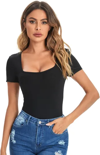 Miniatura 5 de Verdusa Womens Short Sleeve Square Neck T-Shirt Basic Solid Slim Fitted Top Tee