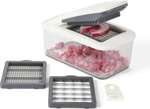 Miniatura 9 de Calphalon Aero Picadora de verduras, picadora de alimentos 5 en 1 con recipiente, cortador manual de verduras con cuchillas intercambiables de acero