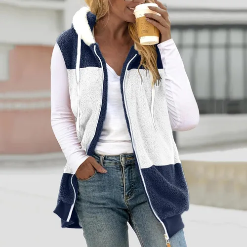 Miniatura 3 de Chaleco mullido de forro polar Sherpa para mujer, con cuello sin mangas, con cremallera, acolchado, con bolsillo