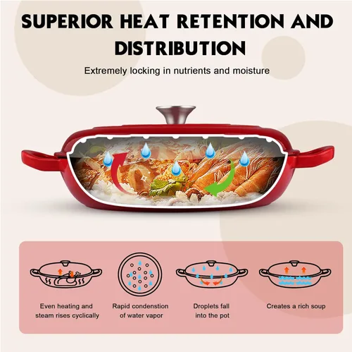 Miniatura 3 de Overmont Horno holandés de hierro fundido esmaltado, olla holandesa de 3.8 cuartos de galón con tapa, sartén poco profunda, cacerola de hierro Rojo