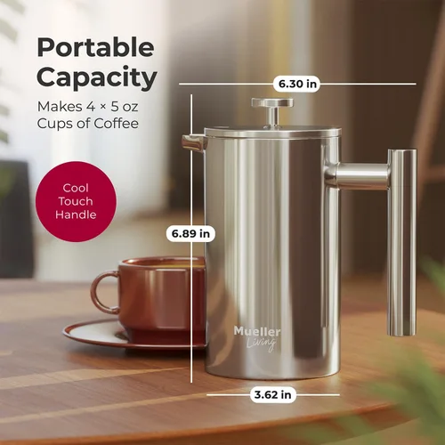 Miniatura 3 de MuellerLiving - Cafetera de prensa francesa MuellerLiving de 20 oz, prensa francesa de café de acero inoxidable, 4 filtros resistentes al calor