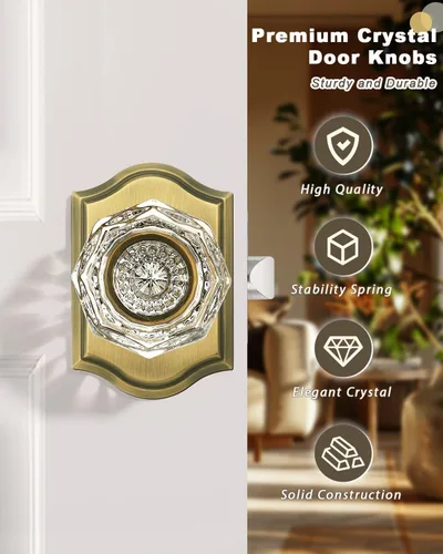 Miniatura 5 de Gobrico Juego de pomos de puerta de vidrio transparente para interiores, cerradura de puerta de cristal de diamante de privacidad en latón antiguo