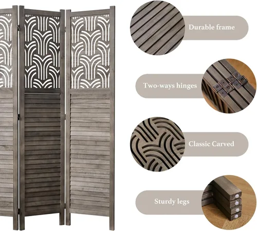 Miniatura 4 de Svimi Divisor de Habitación Plegable, 66.9 Pulgadas 4 Paneles Pantallas de Privacidad Talladas en Madera, Montaje Fácil Independiente Portátil Pared