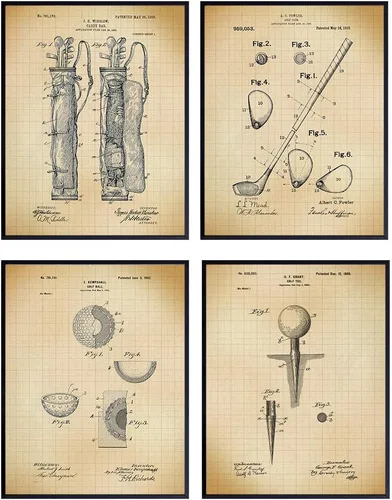 Juego de impresiones artísticas de pared de patente de golf, elegante decoración retro vintage para el hogar, oficina, estudio, dormitorio, cueva de