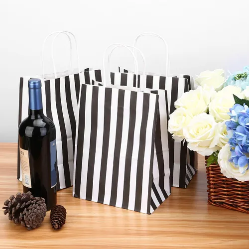 Miniatura 6 de 100 bolsas de regalo medianas, 8 x 4.75 x 10.5 pulgadas, bolsa de papel kraft reciclado a rayas blancas y negras con asas a granel para Navidad