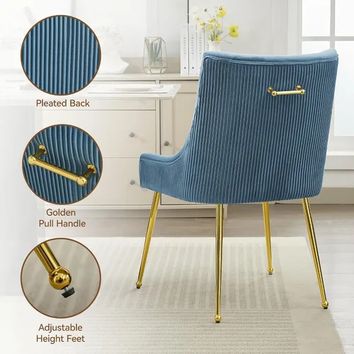 Miniatura 6 de WUTUTUEE Juego de 2 sillas de comedor de terciopelo, patas doradas, sillas decorativas tapizadas de terciopelo, diseño de respaldo plisado y asa