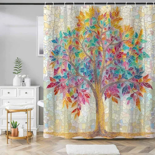 Miniatura 13 de Cortina de ducha con diseño de árbol de la vida, cortina de ducha de vidrio emplomado, cortinas de ducha artística para baño, juego de cortina