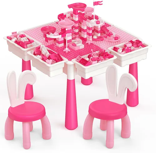 Miniatura 9 de Arscniek Mesa de actividades para niños pequeños 7 en 1, juego de mesas de actividades y sillas con 152 bloques de construcción grandes de mármol