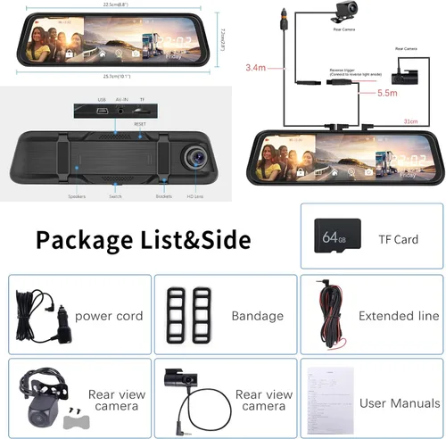Miniatura 8 de Cámara de tablero WiFi de 3 canales de 9.66 pulgadas con cámara frontal y trasera, pantalla táctil IPS, triple cámara de espejo retrovisor