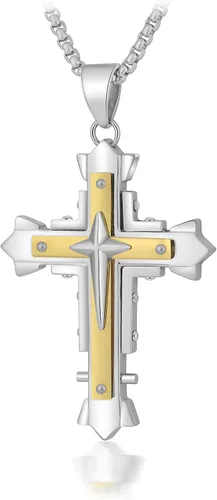 Miniatura 2 de Collar con colgante de cruz de Jesucristo grande de acero inoxidable, joyería religiosa para hombres, cadena de 24 pulgadas, color plataoronegro