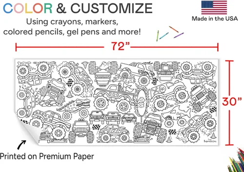 Miniatura 3 de Tiny Expressions Póster para colorear de Monster Truck para niños, mantel grande para colorear de 30 x 72 pulgadas, para fiestas de cumpleaños