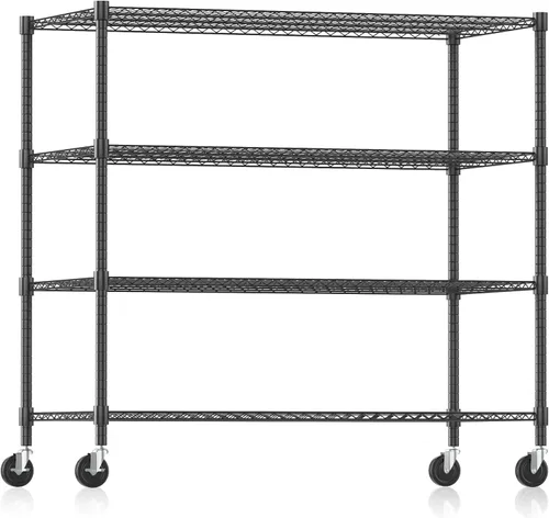 Miniatura 17 de Himimi Estantería de almacenamiento de alambre de acero resistente de 4 niveles, estantes de almacenamiento de metal ajustables con ruedas, estante
