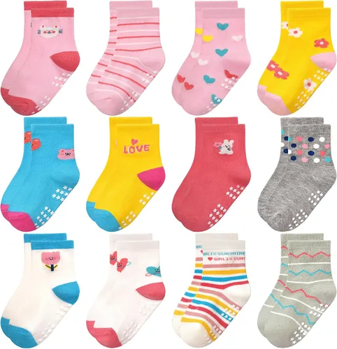 Miniatura 12 de Calcetines antideslizantes para niños pequeños con agarre, 12 pares de calcetines antideslizantes de dibujos animados para niños y niñas