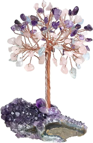 Miniatura 16 de Nupuyai Árboles de dinero de cristal natural con base de racimo de amatista, figura decorativa de piedra de cristal para decoración de escritorio