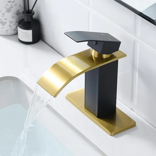Miniatura 8 de FRANSITON Grifo de baño con cascada de una sola manija de 1 o 3 agujeros, grifo de lavabo con cubierta y drenaje desplegable (negro y dorado, corto)