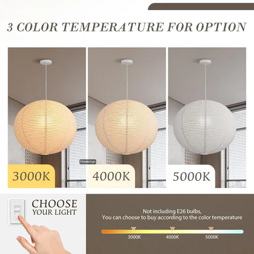 Miniatura 7 de Kit de luz colgante de papel de arroz grande, luces de linterna de papel de globo blanco de 20 pulgadas, base E26, lámpara de linterna colgante