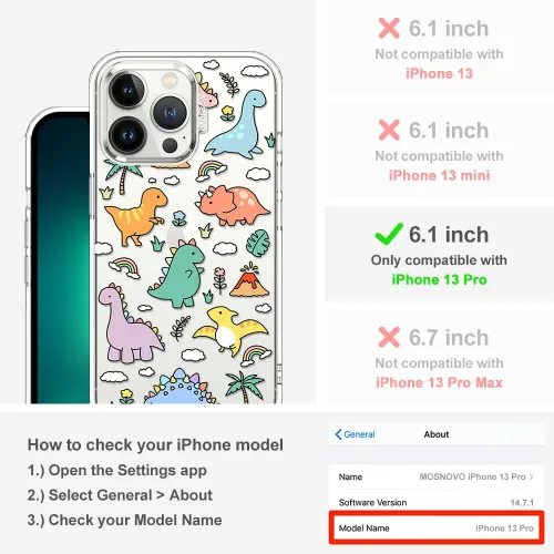 Miniatura 2 de MOSNOVO - Funda para iPhone 13 Pro, grado militar, probada en caídas de 6.6 pies, transparente con diseño de tierra de dinosaurios Transparente
