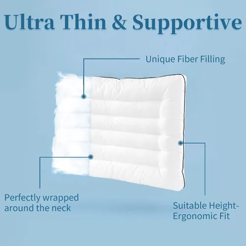 Miniatura 3 de HOMBYS Almohada de cama plana ultra fina para personas que duermen boca abajo y espalda, almohada cervical alternativa de plumón tamaño Queen