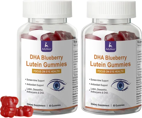 JulyDeer 2 paquetes de gomitas de luteína y zeaxantina que apoyan la salud ocular, 9 en 1 con 8 mg de luteína y 1.6 mg de zeaxantina, soporte para