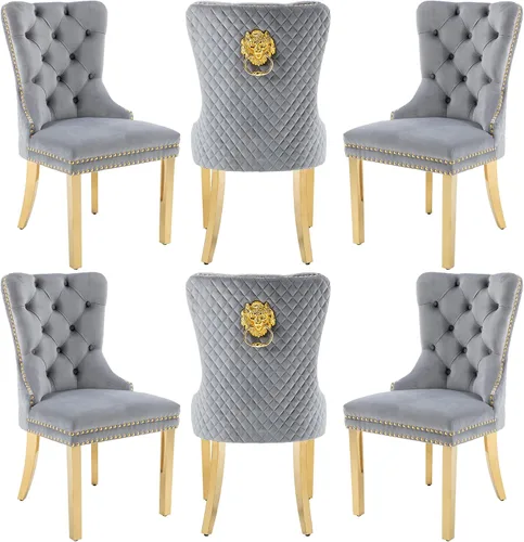 Miniatura 10 de Juego de 2 sillas de comedor de terciopelo Homedraft, colección Nikki para comedor con patas doradas de acero inoxidable y anillo de tirador