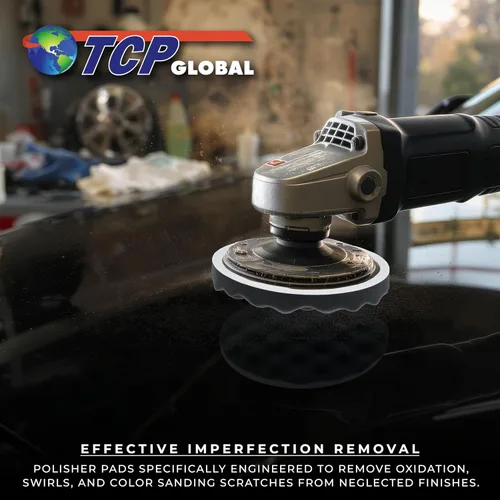Miniatura 6 de TCP Global Almohadilla de pulido de espuma de gofre negra de 8 pulgadas con soporte de gancho y bucle, almohadilla extrafina para pulido