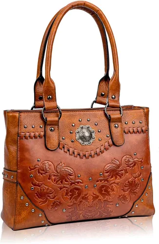 Bolso de mano para mujer, bolso grande del oeste, bolso de hombro con asa superior, estilo vintage en relieve, tachuelas