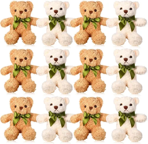 HyDren Paquete de 12 animales de peluche de oso a granel de 10 pulgadas, oso pequeño para graduación, baby shower, juguetes de peluche con pajarita